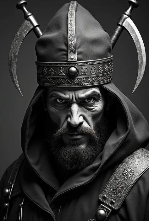 An Ottoman Janissary head with Janissary hat which is aggressive with a long scar over the whole face with 2 alivite shears as a background behind the head drawn in black and white 