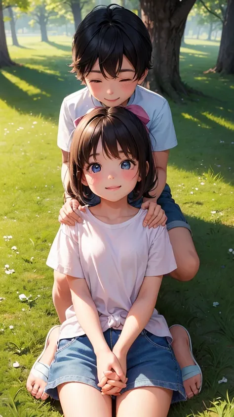 A heartwarming scene featuring a small boy and girl, around 5-, in a playful and innocent moment of affection. The boy has short, tousled brown hair and wears a light blue T-shirt and denim shorts, while the girl has long, wavy hair tied with a ribbon, and...