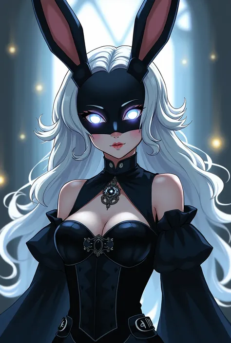 create a white haired anime girl, with wavy hair, has a lot of hair,pale skin, On his face he has a rabbit mask, black porcelain rabbit mask, His eyes are white, She is wearing a black mediabal corset, with black medieval clothing, my hero academy anime st...