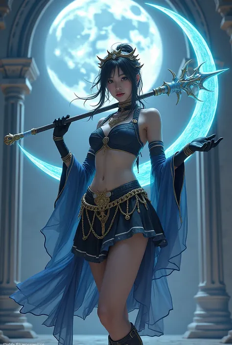 An Asian woman wearing a dark blue and black short skirt fantasy outfit, Sailor Moon style short skirt fantasy outfit decorated with magical golden metal, filled with chains with many details. Choker, gloves, and crown. She held a gigantic glowing crescent...