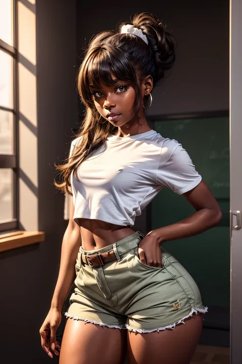 1 girl, solo, high quality, ebony girl, high resolution, volumetric lighting, 8k, beautiful woman, (dark skin), college student, s uniform, (big-ass), small breasts, (white dress shirt), (khaki cotton shorts:1.2), belt, Wavy hair, pony tail, bangs, headban...