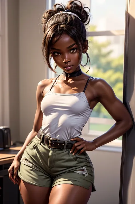 1 girl, solo, high quality, ebony girl, high resolution, volumetric lighting, 8k, beautiful woman, (dark skin), college student, s uniform, (big-ass), small breasts, (white dress shirt), (khaki cotton shorts:1.2), belt, Wavy hair, pony tail, bangs, headban...