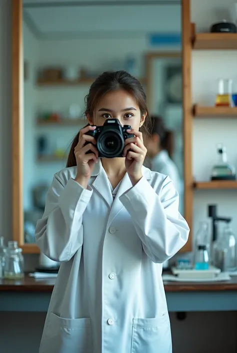 A girl wearing a lab coat taking a picture in front of a mirror 