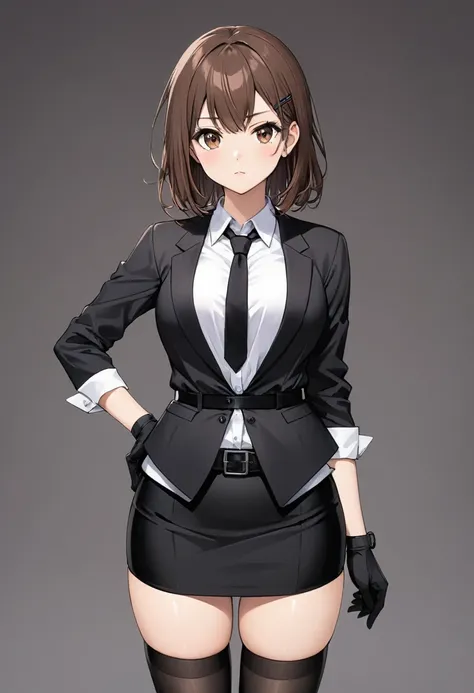 Black miniskirt , pencil skirt , black shoes ,whole body , thighs , brown hair , brown eyes , face , Black gloves , White shirt , black tie , button open blazer , standing posture , black belt , whole body샷 , black stockings , black hairpin