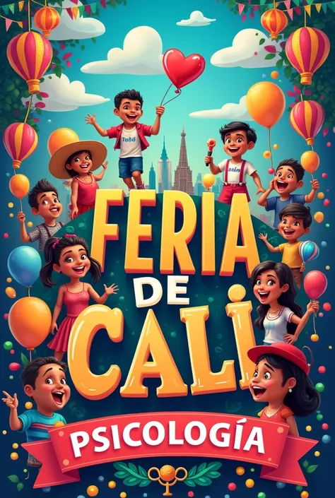 Make me a POSTER image in vertical format (because it&#39;s for an Instagram story), that it is very colorful that expresses happiness about FERIA DE CALI , and say PSYCHOLOGY in big letters, do it in Spanish and say Cali Fair and the word PSYCHOLOGY in bi...