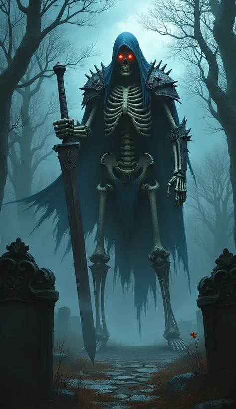 A menacing skeleton warrior creature rising from the grave in a terrifying cemetery at night