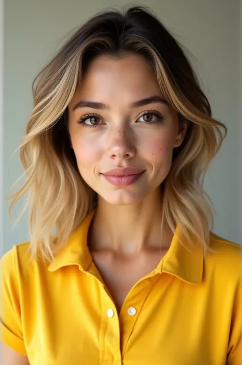 Adult woman of average height, brunette skin, with some spots on the face, full mouth, hair with blonde highlights, Hair in medium size, wearing a yellow polo shirt 