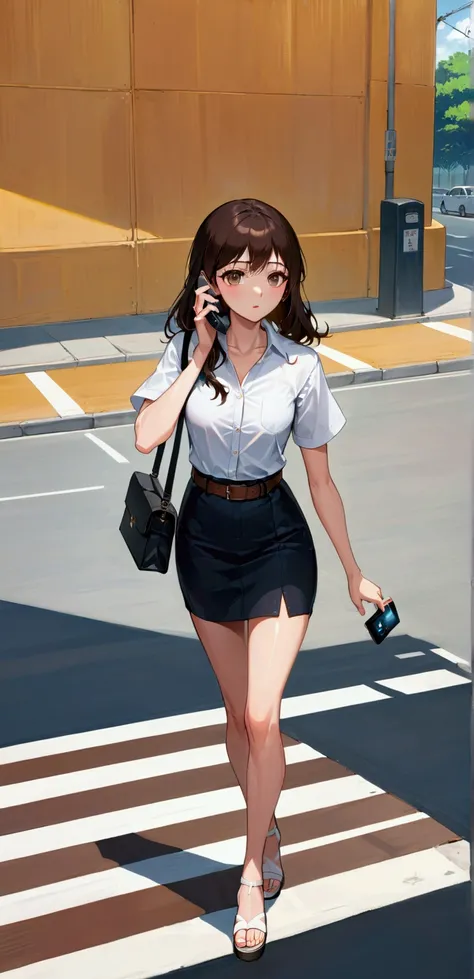 realistic anime illustration of pretty young woman is crossing a road while calling phone and carrying black bag, she has a brown shoulder length hair and wearing white short sleeves shirt , collared button up shirt, black pencil skirt with belt, and white...