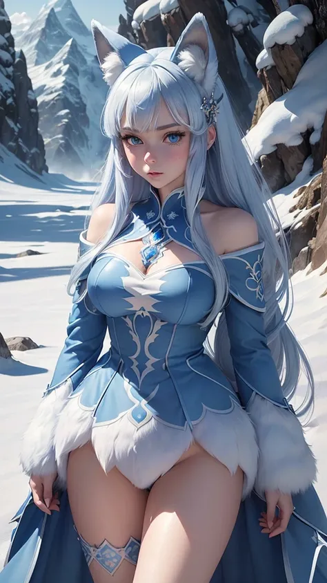 ((Masterpiece, Best Quality), blue eyes, furry blue fox ears, blue tail, white body hair, super detailed illustration, HD texture, exquisite details, 1 girl, character wearing blue long-sleeved dress, long blue hair, blush, outdoor environment, in a snowy ...