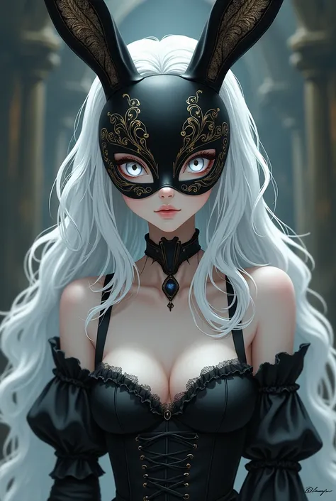 create a white haired anime girl, with wavy hair, has a lot of hair,pale skin, On his face he has a rabbit mask, black porcelain rabbit mask, On the porcelain mask there are golden drawings, His eyes are white, She is wearing a black mediabal corset, with ...