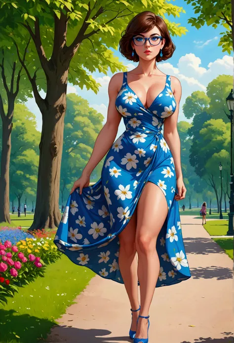 20 years old woman, Short brown hair, Méditerranéenne aux blue eye, Generous and heavy breasts, slender waist, estomac defini, fesses rebondies et pulpeuses, naturally curved, muscular thighs, aguicheuse, in a park, in a long floral dress , lunettes, earri...