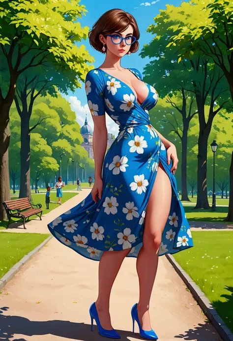 20 years old woman, Short brown hair, Méditerranéenne aux blue eye, Generous and heavy breasts, slender waist, estomac defini, fesses rebondies et pulpeuses, naturally curved, muscular thighs, aguicheuse, in a park, in a long floral dress , lunettes, earri...