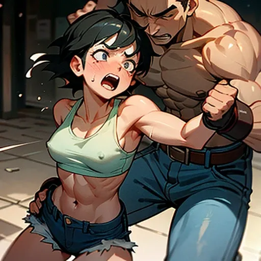 whole body picture of two persons. a male streetfighter is striking a female streetfighters cheek by hard punch in the backstreet. she is beated down. she is bloody. she has big pain. she is crying and screaming. she is beautiful and young. she is covered ...