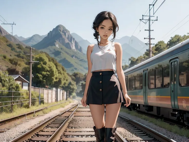 There is a beautiful 1girl standing on the train tracks, train signals, landscape artwork, a train in the distance, anime background art, loepfe art, detailed scenery, landscape art detailed, loepfe art style, beautiful anime landscape, made with anime pai...