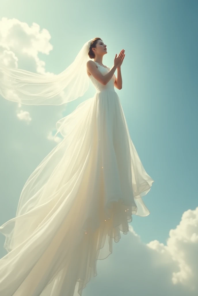 Create a woman with her hands raised in a conservative wedding dress flying towards the sky with a very long veil surrounded by sparkles on her dress 