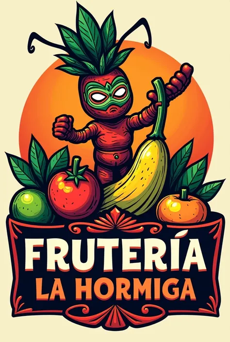 Logo for a fruit store that contains fruits and vegetables dressed as Mexican wrestlers and masked people and that says frutería la hormiga in Spanish and that the letters of the ant are with a wrestler mask 