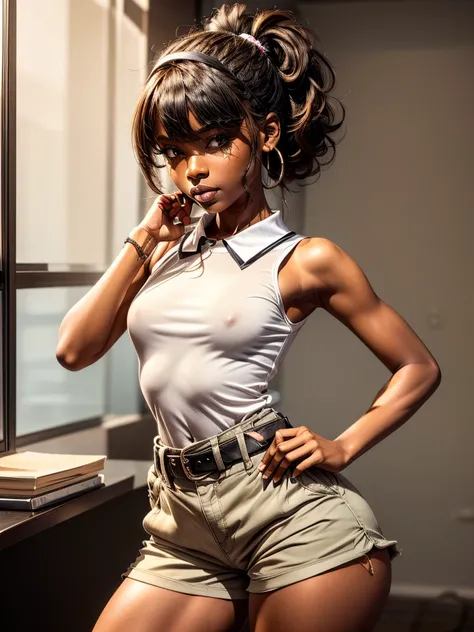 1 girl, solo, high quality, ebony girl, high resolution, volumetric lighting, 8k, beautiful woman, (dark skin), college student, s uniform, (big-ass), small breasts, (white dress shirt), (khaki cotton shorts:1.2), belt, Wavy hair, pony tail, bangs, headban...