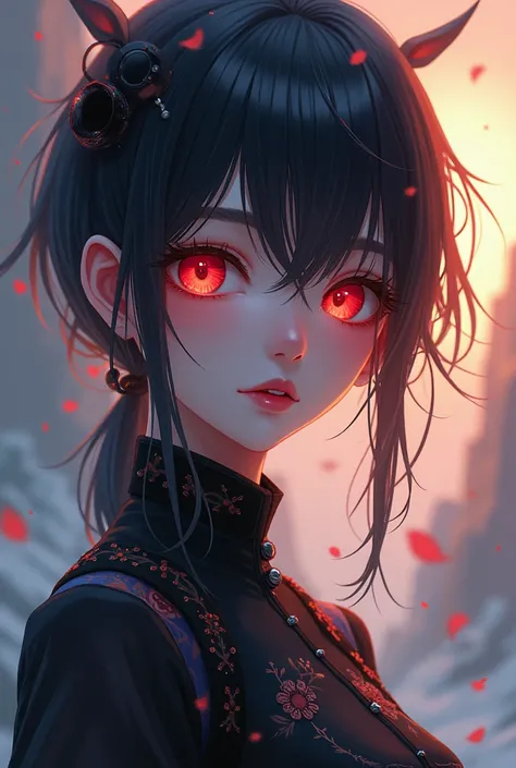 A , In anime format, with sunset red eyes