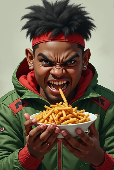 a man portrait dark skin . hindu. eat food holding food. fat boy . chubby face. 20 year old. thin body shape face. dark skin. man . Anger face. Open mouth. wear headband red whitr. . wearing an (green red stripe jacket) future shirt . anger faces,very shor...