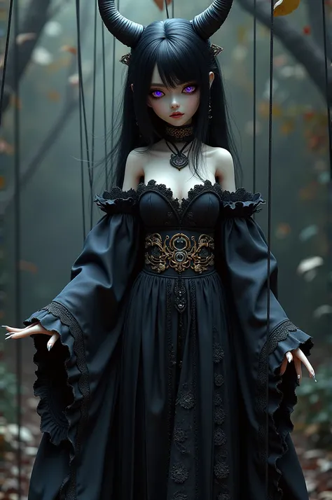 Make a demon slayer style character She is a puppet,then make her with joints in the shoulders and necks She has black hair and purple eyes She wears a kinomo,lolita style