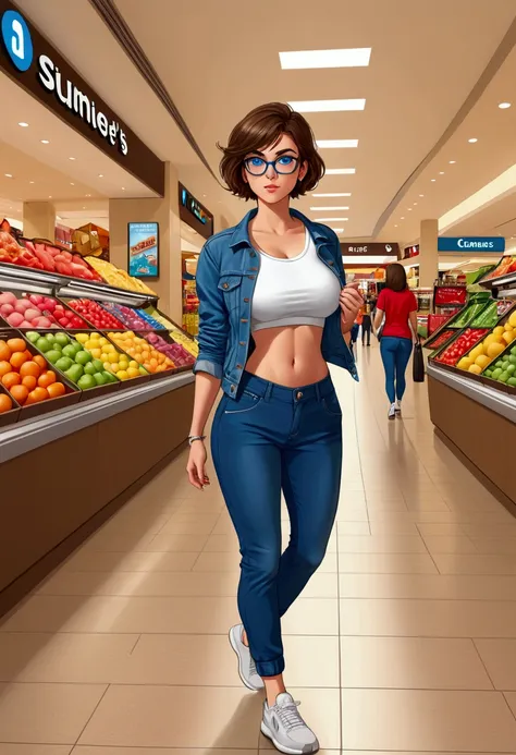 20 years old woman, Short brown hair, Méditerranéenne aux blue eye, Generous and heavy breasts, slender waist, estomac defini, fesses rebondies et pulpeuses, naturally curved, muscular thighs, aguicheuse, in a mall, en pantalon jogging et tee shirt , Denim...