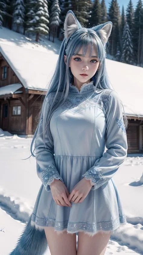 ((Masterpiece, Best Quality), blue eyes, furry blue fox ears, blue tail, white body hair, super detailed illustration, HD texture, exquisite details, 1 girl, character wearing blue long-sleeved dress, long blue hair, blush, outdoor environment, in a snowy ...