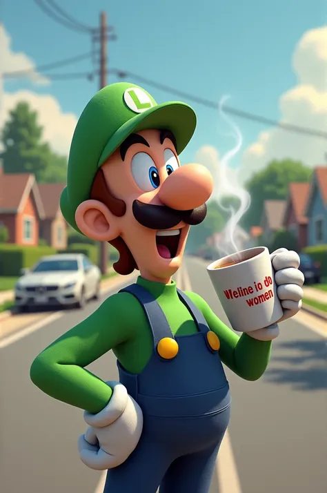 Luigi laughing while drinking a steaming cup of coffee, saying &quot;women&quot; on an American suburban street 