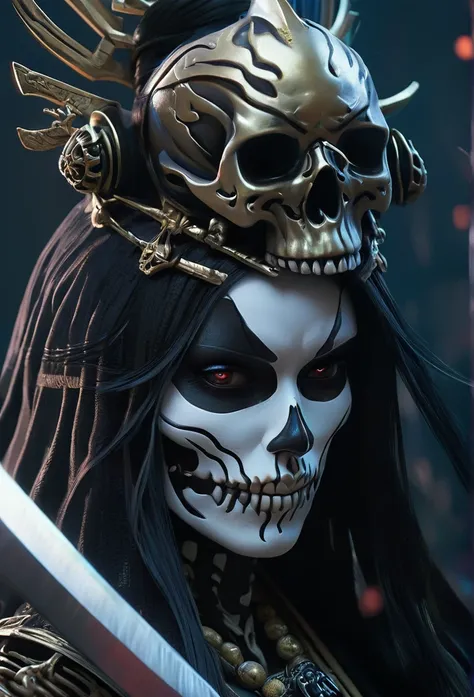 a close up of a woman with a skeleton face and a sword, cyberpunk art by Kanō Tanyū, zbrush central contest winner, gothic art, hone onna skeleton geisha, goddess of death, scary queen of death, very beautiful cyberpunk samurai, beautiful male god of death...