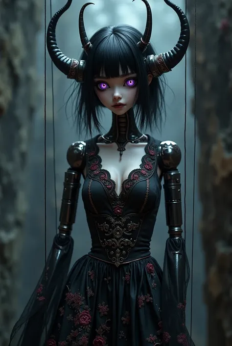 Make a demon slayer style character She is a puppet,then make her with joints in the shoulders and necks She has black hair and purple eyes She wears a kinomo,lolita style