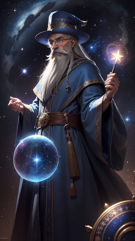 An old gray-haired astrologer wizard with a long beard, colorful mustache, round glasses and a pointed hat, in blue robes with a starry tint and magical glow surrounded by astronomical objects, similar to Khadgar from Warcraft