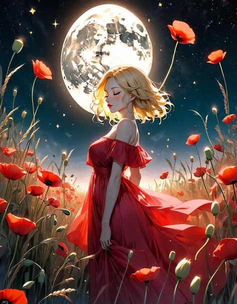 A digital illustration depicts a young woman standing in profile among a sea of vibrant black stars likely poppies, in a mystical field at night. The woman has short Green neon fire sexy Sensual big tits blonde  hair that flows dramatically behind her, cau...