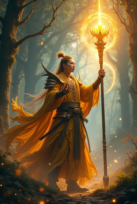 Wizard Wukong, a master of magic, with floating robes, a glowing arcane staff and visible spells around it. | Scenery of an enchanted forest, uma floresta densa, with giant trees, luminous vegetation and magical creatures. | O Wizard Wukong tem olhos com í...