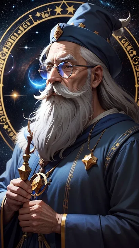 An old gray-haired astrologer wizard with a long beard, colorful mustache, round glasses and a pointed hat, in blue robes with a starry tint and magical glow surrounded by astronomical objects