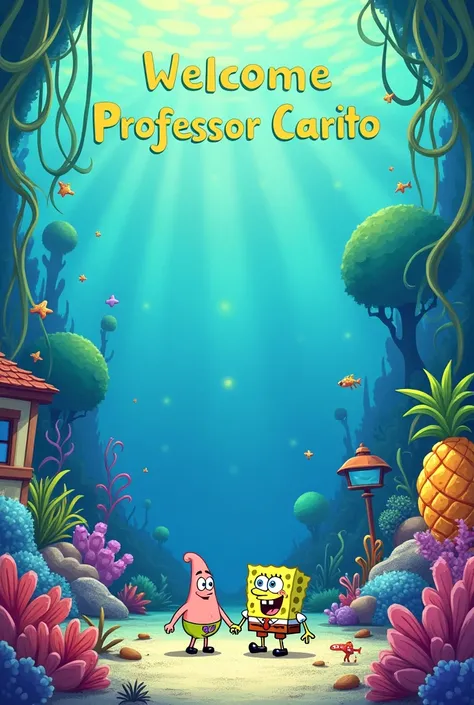 generate a background for a spongebob themed banner,  at the top with the phrase"Welcome Professor Carito" with the lyrics of the theme in Latin Spanish.