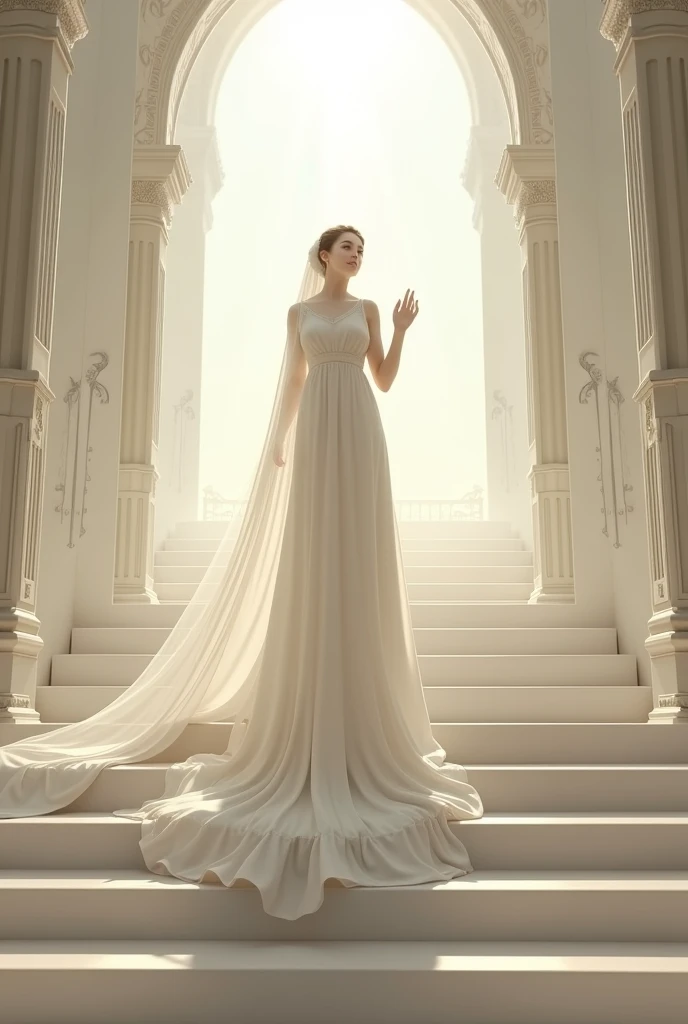 Create a woman with her hands raised in a conservative wedding dress walking up a white staircase that goes up to the sky with a very long veil 