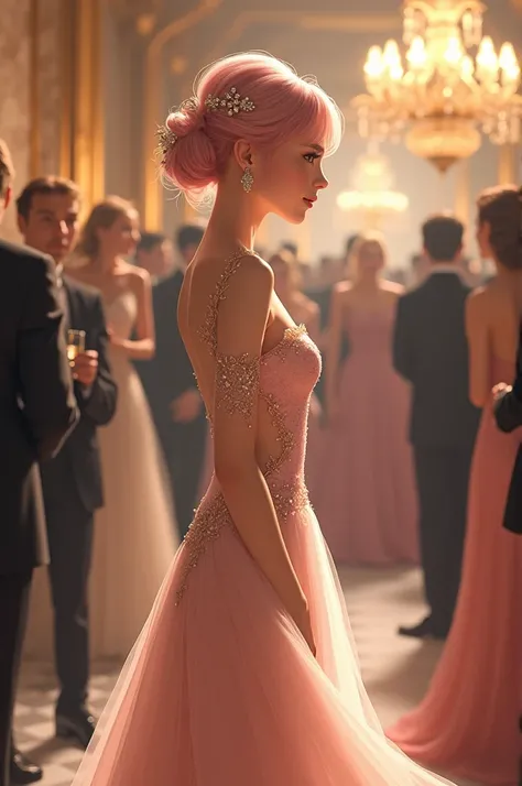 A girl with light pink hair in an elegant dress at a fancy party