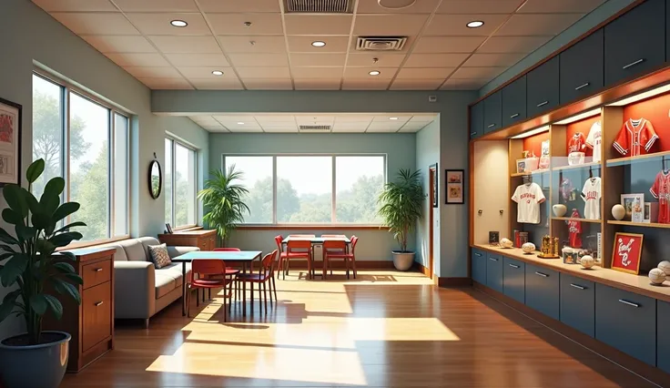 This American-style dormitory is home to baseball players. The first floor common area is bright and spacious, with a living room, kitchen, and a display case filled with baseball memorabilia.