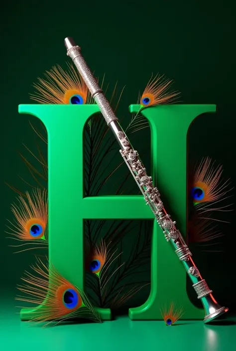 A flute decorated with intricate details is placed diagonally above a large stylized green letter H.. Behind the flute there are small, brightly colored peacock feathers., adds a touch of colorful elegance to the composition. The background is a green effe...