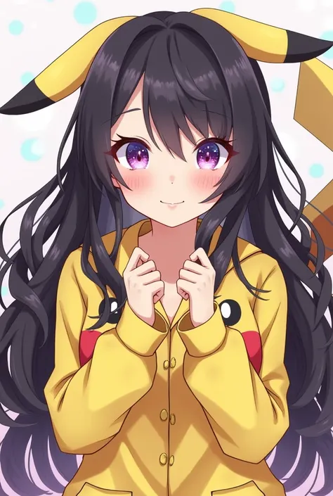 Shinobu kocho loose hair black hair color, purple eyes with glitter in eyes smile in Pikachu pajama suit 