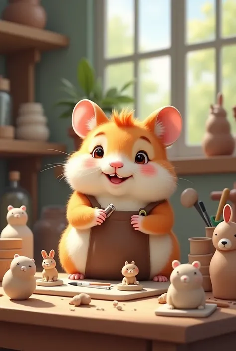 A friendly hamster working with ceramics making dolls and animals
