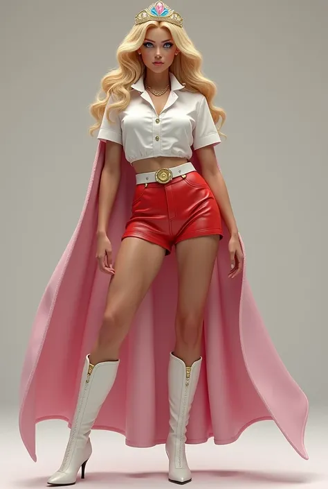 A SEXY LARGE BREASTED YOUNG BLONDE TEEN FEMALE WITH BLUE EYES WEARING A WHITE V SHE-RA BLOUSE WITH A SHE-RA EMBLEM ON THE HER CHEST, SHE-RA TIARA, A PAIR OF RED LEATHER SHORTS WITH A WHITE LEATHER BELT, TALL WHITE HEELED BOOTS, AND A LONG PINK CAPE. PHOTO ...