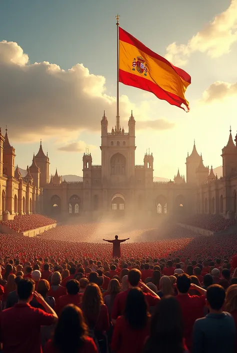 100000 of people  salute in single flag and flag was fly in top of the kingdom  flag colour is spain