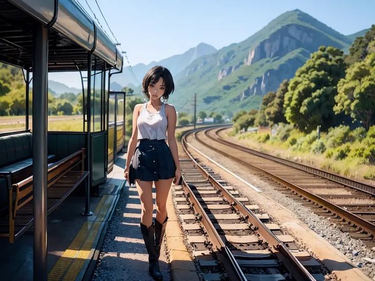 There is a beautiful 1girl standing on the train tracks, train signals, landscape artwork, anime background art, loepfe art, detailed scenery, landscape art detailed, loepfe art style, beautiful anime landscape, made with anime painter studio, background a...