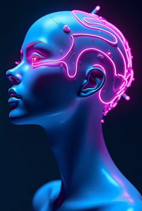 A futuristic human mannequin, with blue colors, purple and pink neon reflecting, with technological and colorful wires around the head. 