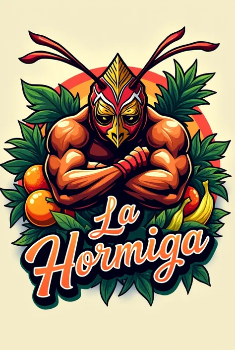 Logo of a fruit shop that has a wrestler theme, the hormiga fruit shop in Spanish 