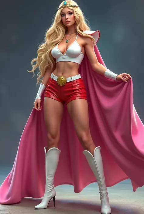 A SEXY LARGE BREASTED YOUNG BLONDE SHE RA WITH BLUE EYES WEARING A WHITE V SHE-RA BLOUSE WITH A SHE-RA EMBLEM ON THE HER CHEST, SHE-RA TIARA, A PAIR OF RED LEATHER SHORTS WITH A WHITE LEATHER BELT, TALL WHITE HEELED BOOTS, AND A LONG PINK CAPE. PHOTO REALI...