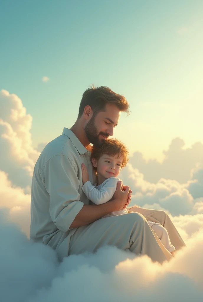 A sky sitting with a man sitting on his lap and in his arms a  child smiling 