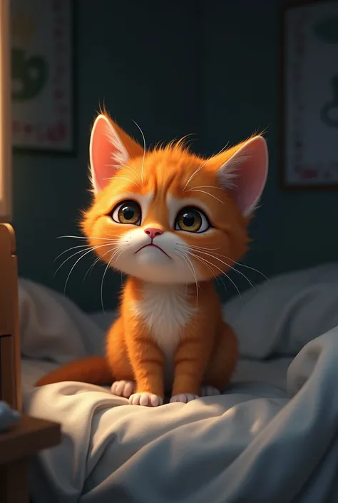 The ginger kitten is very sad and cries loudly in his room 