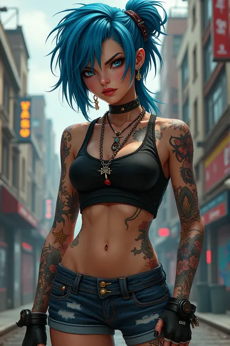 Female MTA character, hair blue, tattooed, cropped preto, short jeans de moto 