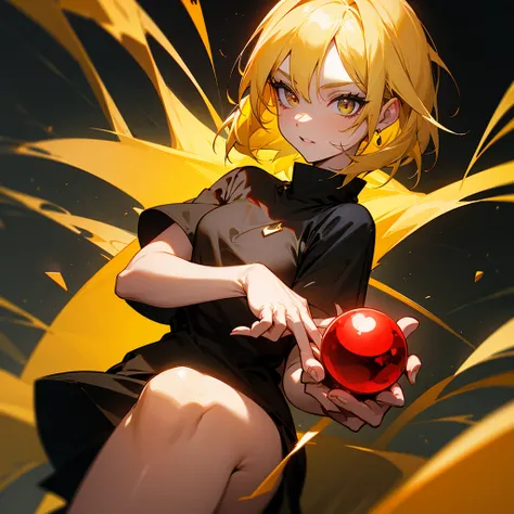 A yellow-haired woman in a black t-shirt holding a bright red gem in her hands 